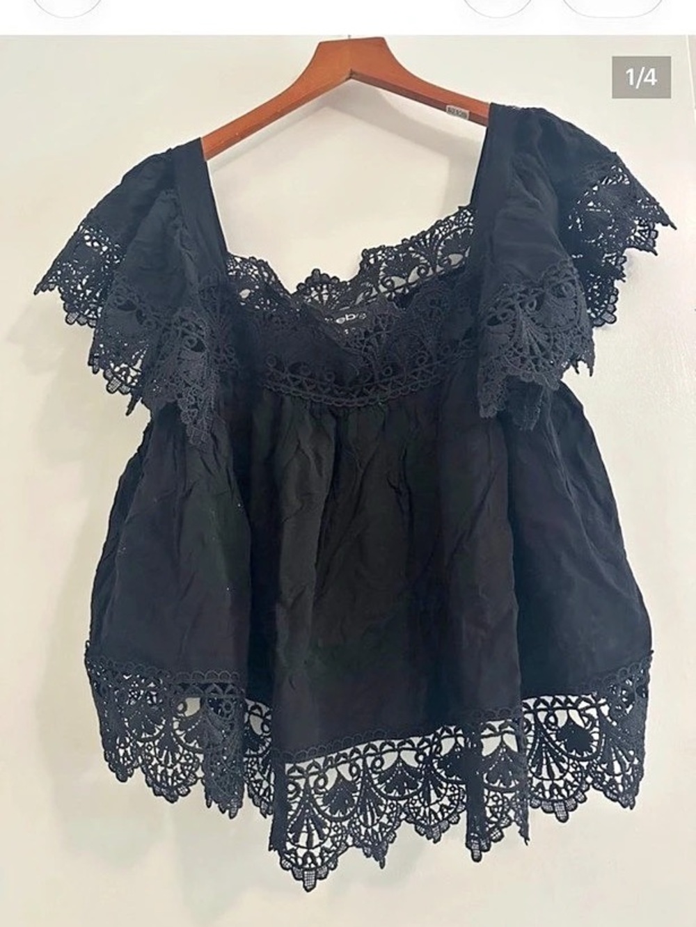 Bebe Black Lace Trim Top Size Medium Whimsigoth Y2K Romantic Peasant Top